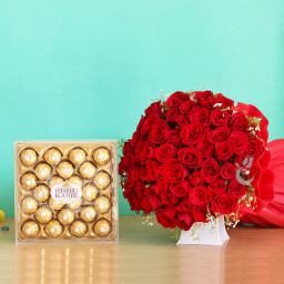 Red Chocolaty Love: A Gift Combo of 50 Red Roses and 24 Pc Ferrero Roche Red Chocolaty Love: A Gift Combo of 50 Red Roses and 24 Pc Ferrero Roche