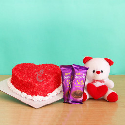 Infused With Love: A Gift Combo of 0.5 Kg Red Velvet Cake, 2 Dairy Milk Silk, and 6 Inch Teddy Infused With Love: A Gift Combo of 0.5 Kg Red Velvet Cake, 2 Dairy Milk Silk, and 6 Inch Teddy