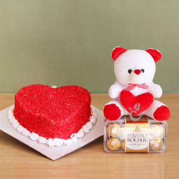 Heart-Shaped Desire: A Gift Combo of 0.5 Kg Red Velvet Cake, 16 Ferrero Rocher, and 6 Inch Teddy Heart-Shaped Desire: A Gift Combo of 0.5 Kg Red Velvet Cake, 16 Ferrero Rocher, and 6 Inch Teddy
