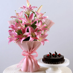 Magnificient combo: A Gift Combo of 10 Pink Asiatic Lily and 0.5 Kg Chocolate Cake