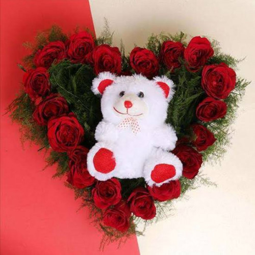 Rose And Teddy Mix - Red rose arrangement
