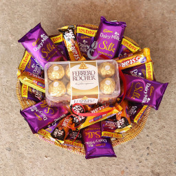 Indulgent Delight: A Gift Combo of 10 Five Star, 5 Cadbury Dairy Milk Silk, 10 Dairy Milk, 16 pcs Ferrero Rocher and basket Indulgent Delight: A Gift Combo of 10 Five Star, 5 Cadbury Dairy Milk Silk, 10 Dairy Milk, 16 pcs Ferrero Rocher and basket