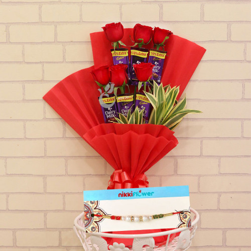 Red Rose Bouquet for Valentine's Day - Floral Rakhi Combo