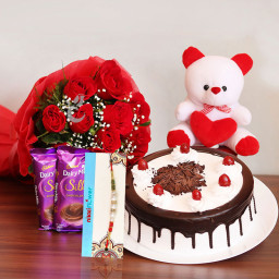 Combo of 10 Red Roses + 2 Cadbury's Dairy Milk Silks + Half Kg Black Forest Cake + 6inches 1 Teddy Bear + one Rakhi