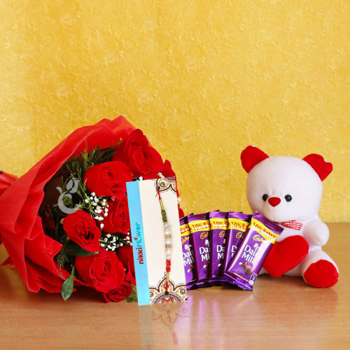 Red Rose Bouquet for Women's Day - Gorgeous Contended Rakhi Combo