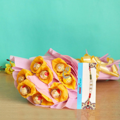 Bouquet for Women's Day - Rakhi With Ferrero Rocher Bouquet