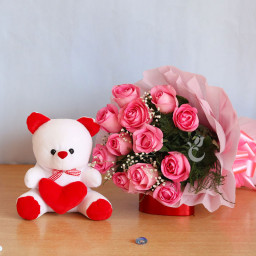 Expressive Love: A Gift Combo of 10 pink roses and 6 inch teddy Expressive Love: A Gift Combo of 10 pink roses and 6 inch teddy