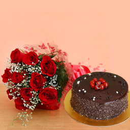Red Roses and Truffle Cake Combo: A Gift Combo of 10 Red Roses and 0.5 Kg Chocolate Cake Red Roses and Truffle Cake Combo: A Gift Combo of 10 Red Roses and 0.5 Kg Chocolate Cake