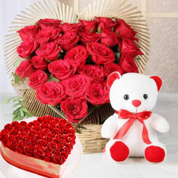 50 red roses 6 inch teddy half kg heart shape cake
