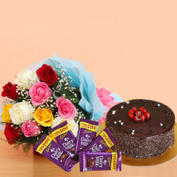Roses Chocolates: A Gift Combo of 10 Mix Roses, 0.5 Kg Chocolate Cake, and 5 Dairy Milk Chocolates Roses Chocolates: A Gift Combo of 10 Mix Roses, 0.5 Kg Chocolate Cake, and 5 Dairy Milk Chocolates