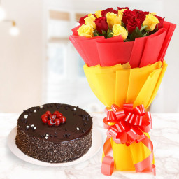 Cake and Roses: A Gift Combo of 10 Yellow and 10 Red Roses and 0.5 Kg Chocolate Cake Cake and Roses: A Gift Combo of 10 Yellow and 10 Red Roses and 0.5 Kg Chocolate Cake