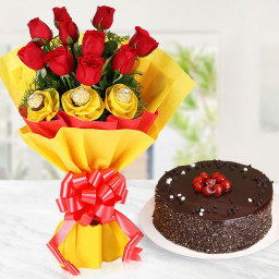 Rocher with Love: A Gift Combo of 10 Red Roses, 3 Ferrero Rocher, and 0.5 Kg Chocolate Cake Rocher with Love: A Gift Combo of 10 Red Roses, 3 Ferrero Rocher, and 0.5 Kg Chocolate Cake