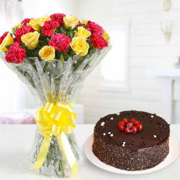 Exquisite Hamper: A Gift Combo of 10 Red Carnation, 10 Yellow Roses, and 0.5 Kg Chocolate Cake Exquisite Hamper: A Gift Combo of 10 Red Carnation, 10 Yellow Roses, and 0.5 Kg Chocolate Cake