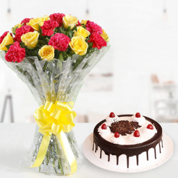 Fresh Roses With Forest Cake: A Gift Combo of 10 Red Carnation, 10 Yellow Roses, and 0.5 Kg Black Forest Cake Fresh Roses With Forest Cake: A Gift Combo of 10 Red Carnation, 10 Yellow Roses, and 0.5 Kg Black Forest Cake
