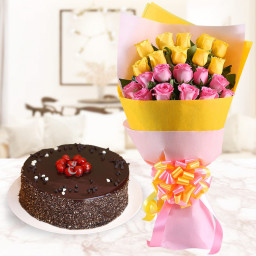 Rosy Chocolaty Combo: A Gift Combo of 10 Yellow and 10 Pink Roses and 0.5 Kg Chocolate Cake Rosy Chocolaty Combo: A Gift Combo of 10 Yellow and 10 Pink Roses and 0.5 Kg Chocolate Cake