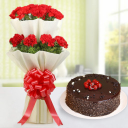 Carnation Delight: A Gift Combo of 2 Tier Bouquet of 18 Red Carnation and 0.5 Kg Chocolate Cake Carnation Delight: A Gift Combo of 2 Tier Bouquet of 18 Red Carnation and 0.5 Kg Chocolate Cake
