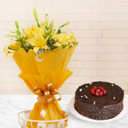 Cozy Caboodle: A Gift Combo of 6 Asiatic Yellow Lilies and 0.5 Kg Chocolate Cake Cozy Caboodle: A Gift Combo of 6 Asiatic Yellow Lilies and 0.5 Kg Chocolate Cake