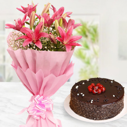 Bundle Loaded With Love: A Gift Combo of 5 Pink Lilies and 0.5 Kg Chocolate Cake