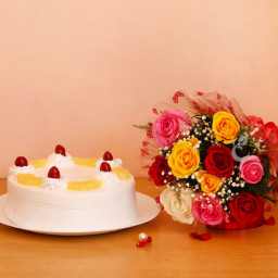 Delight Love: A Gift Combo of 8 Mix Roses and 0.5 Kg Pineapple Cake Delight Love: A Gift Combo of 8 Mix Roses and 0.5 Kg Pineapple Cake