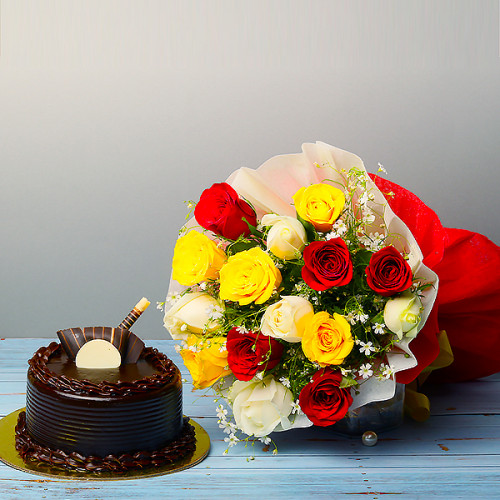 Love Shades: A Gift Combo of 12 Mix Roses and 0.5 Kg Chocolate Cake