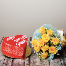 Soft Spot: A Gift Combo of 10 Yellow Roses and 0.5 Kg Heart Shape Red Velvet Cake Soft Spot: A Gift Combo of 10 Yellow Roses and 0.5 Kg Heart Shape Red Velvet Cake