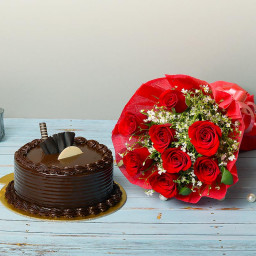 Hear The Love: A Gift Combo of 8 Red Roses and 0.5 Kg Chocolate Truffle Cake Hear The Love: A Gift Combo of 8 Red Roses and 0.5 Kg Chocolate Truffle Cake