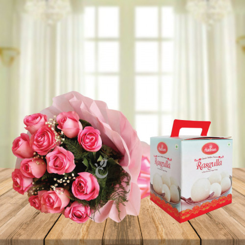 Ek Mitthi Si Yaad: A Gift Combo of 10 Pink Roses and 1 Kg Rasgulla