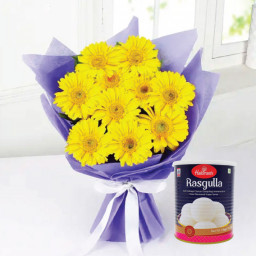 Mood Brightener: A Gift Combo of 12 Yellow Gerberas and 1 Kg Rasgulla. Mood Brightener: A Gift Combo of 12 Yellow Gerberas and 1 Kg Rasgulla.