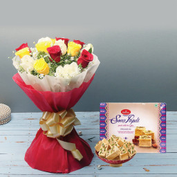 Devine Sweetness: A Gift Combo of 12 Mix Roses and 500 gm Soan Papdi. Devine Sweetness: A Gift Combo of 12 Mix Roses and 500 gm Soan Papdi.