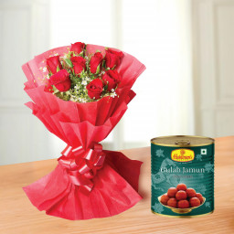 Gulabs with Gulabjamuns: A Gift Combo of 10 Red Roses and 1 Kg Gulab Jamun. Gulabs with Gulabjamuns: A Gift Combo of 10 Red Roses and 1 Kg Gulab Jamun.