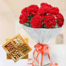Share The Happiness: A Gift Combo of 10 Red Carnations and 500 gm Mix Dry Fruit Box. Share The Happiness: A Gift Combo of 10 Red Carnations and 500 gm Mix Dry Fruit Box.