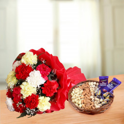 Gracefulness Overloaded: A Gift Combo of 12 Mix Carnation, 500 gm Mix Dry Fruit in Basket and 2 Dairy Milk Gracefulness Overloaded: A Gift Combo of 12 Mix Carnation, 500 gm Mix Dry Fruit in Basket and 2 Dairy Milk