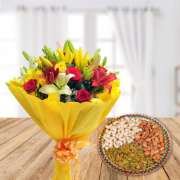 Fulfilling Bounty: A Gift Combo of Mixed Lilies & Roses and 250 gm Cashews, Almonds & Raisins Fulfilling Bounty: A Gift Combo of Mixed Lilies & Roses and 250 gm Cashews, Almonds & Raisins
