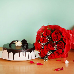 Truffle & Roses: A Gift Combo of 10 red roses bouquet and 0.5 kg chocolate truffle cake