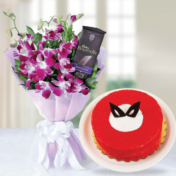 Soaked In sweetness: A Gift Combo of 0.5 kg Magical Red Velvet Cake, 6 Purple Orchids and 1 Cadbury Bournville Soaked In sweetness: A Gift Combo of 0.5 kg Magical Red Velvet Cake, 6 Purple Orchids and 1 Cadbury Bournville