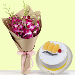 Inclination Of Warmth: A Gift Combo of 6 Purple Orchids and 0.5 kg Pineapple Cream Cake Inclination Of Warmth: A Gift Combo of 6 Purple Orchids and 0.5 kg Pineapple Cream Cake