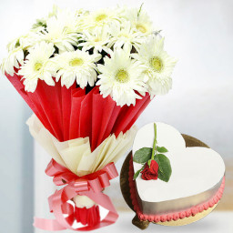 Vanilla in Heaven: A Gift Combo of 12 White Gerberas and 0.5 kg Heart-Shaped Vanilla Cake with Fresh Rose on Top Vanilla in Heaven: A Gift Combo of 12 White Gerberas and 0.5 kg Heart-Shaped Vanilla Cake with Fresh Rose on Top