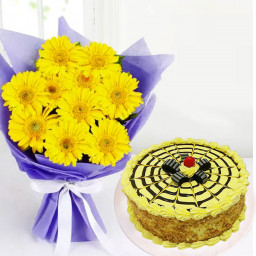 Crunchy Delight: A Gift Combo of 12 Yellow Gerberas and 0.5 kg Butterscotch Cake Crunchy Delight: A Gift Combo of 12 Yellow Gerberas and 0.5 kg Butterscotch Cake