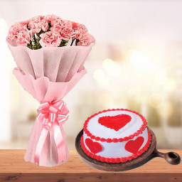 Pinks Of Love: A Gift Combo of 10 Pink Carnations and 0.5 kg Red Velvet Cake Pinks Of Love: A Gift Combo of 10 Pink Carnations and 0.5 kg Red Velvet Cake
