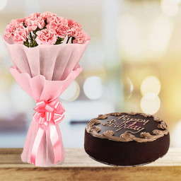 Ravishing Beauty: A Gift Combo of 10 Pink Carnations and 0.5 kg Birthday Chocolate Cake Ravishing Beauty: A Gift Combo of 10 Pink Carnations and 0.5 kg Birthday Chocolate Cake