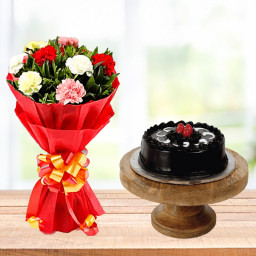 Love Beheld: A Gift Combo of 10 Mixed Carnations and 0.5 kg Dark Truffle Cream Cake Love Beheld: A Gift Combo of 10 Mixed Carnations and 0.5 kg Dark Truffle Cream Cake