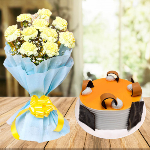 Doodling Magic: A Gift Combo of 10 Yellow Carnations and 0.5 kg Vanilla Cake