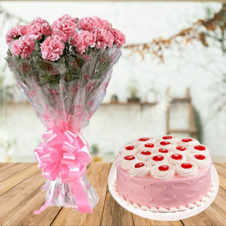 Shining Brightest: A Gift Combo of 10 Pink Carnations and 0.5 kg Strawberry Cake Shining Brightest: A Gift Combo of 10 Pink Carnations and 0.5 kg Strawberry Cake