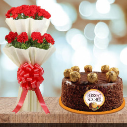 Reinvent Love Within: A Gift Combo of 2-Tier Bouquet of 18 Red Carnations and 0.5 kg Ferrero Rocher Cake Reinvent Love Within: A Gift Combo of 2-Tier Bouquet of 18 Red Carnations and 0.5 kg Ferrero Rocher Cake