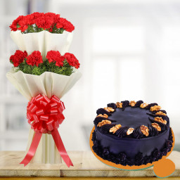 True Love Ratio: A Gift Combo of 2-Tier Bouquet of 20 Red Carnations and 0.5 kg Choco Walnut Cake True Love Ratio: A Gift Combo of 2-Tier Bouquet of 20 Red Carnations and 0.5 kg Choco Walnut Cake
