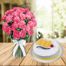 United To Gratify: A Gift Combo of 20 Pink Carnations and 0.5 kg Pineapple Cream Cake United To Gratify: A Gift Combo of 20 Pink Carnations and 0.5 kg Pineapple Cream Cake