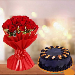 Luxury Love Drive: A Gift Combo of 25 Red Roses and 0.5 kg Choco Walnut Cake Luxury Love Drive: A Gift Combo of 25 Red Roses and 0.5 kg Choco Walnut Cake