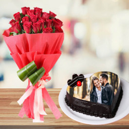 Reach For Love: A Gift Combo of 20 Red Roses and 1 kg Heart-Shaped Photo Cake Reach For Love: A Gift Combo of 20 Red Roses and 1 kg Heart-Shaped Photo Cake