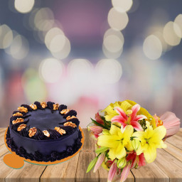 Dive In Love Axis: A Gift Combo of 4 Pink Lilies, 4 Yellow Lilies and 0.5 kg Choco Walnut Cake Dive In Love Axis: A Gift Combo of 4 Pink Lilies, 4 Yellow Lilies and 0.5 kg Choco Walnut Cake