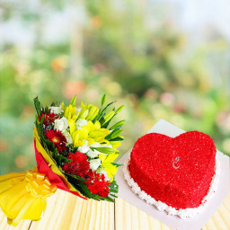 Manifestation Of Love: A Gift Combo of 6 Yellow Lilies, 12 White Roses, 10 Red Gerberas and 1 kg Heart-Shaped Red Velvet Cake Manifestation Of Love: A Gift Combo of 6 Yellow Lilies, 12 White Roses, 10 Red Gerberas and 1 kg Heart-Shaped Red Velvet Cake